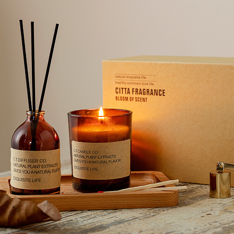 Penyebar buluh rumah hiasan mewah M&Scent dan set lilin wangi dengan pembungkusan kotak