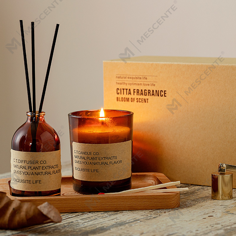 Penyebar buluh rumah hiasan mewah M&Scent dan set lilin wangi dengan pembungkusan kotak
